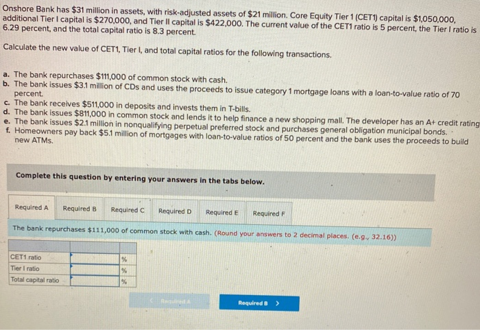 Solved Onshore Bank Has $31 Million In Assets, With | Chegg.com