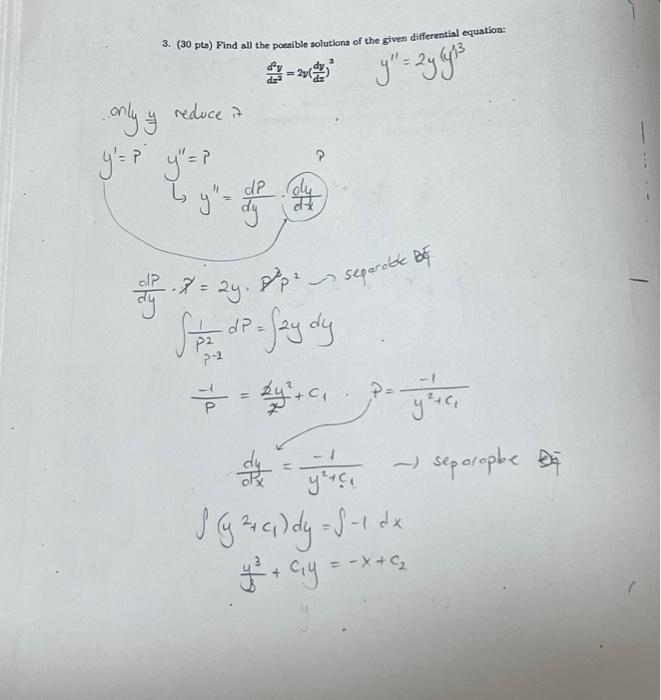 3. \( (30 \mathrm{pts}) \) Find all the poesible solutions of the given differential equation: \[ \frac{d^{2} y}{d x^{2}}=2 y