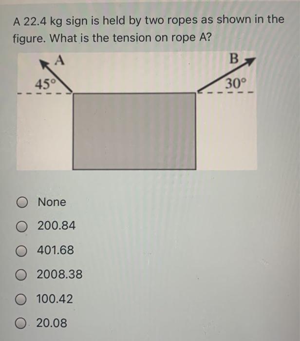 Solved A 22.4 kg sign is held by two ropes as shown in the | Chegg.com