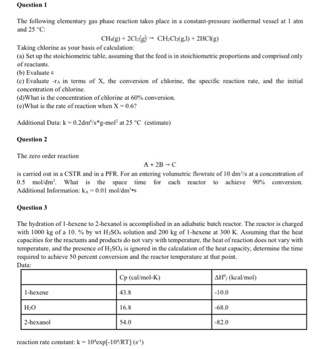 Solved Question 1 The following elementary gas phase | Chegg.com