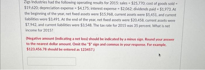 Zigs Industries had the following operating results for 2015 : sales \( =\$ 25,770 \); cost of goods sold \( = \) \( \$ 19,62