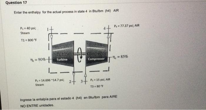 Question 17 Enter the enthalpy for the actual process in state 4 in Btu/lbm (h4) AIR P₁ = 40 psi; Steam T1 = 800 °F Turbine 1