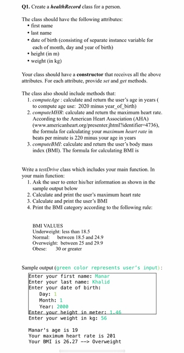 Solved Q1. Create a health Record class for a person. The | Chegg.com