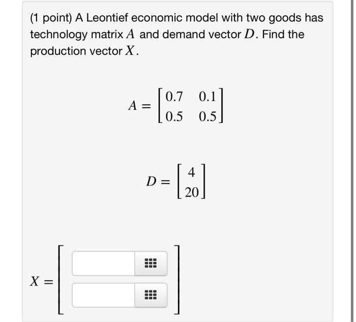 Solved (1 point) A Leontief economic model with two goods | Chegg.com