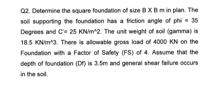 Solved Q2. Determine the square foundation of size B×B m in | Chegg.com