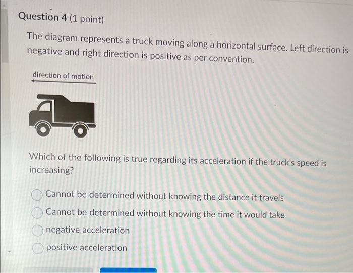 The diagram represents a truck moving along a horizontal surface. Left direction is negative and right direction is positive 
