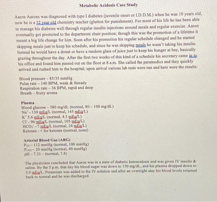 Solved Metabolic Acidosis Case Study Aaron Aarons was | Chegg.com