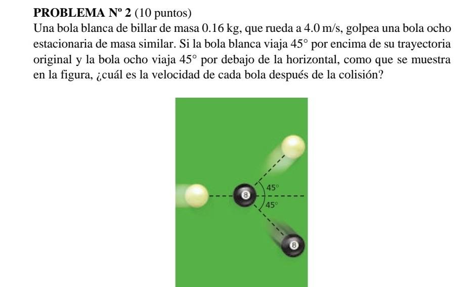 PROBLEMA \( \mathbf{N}^{\circ} 2 \) (10 puntos) Una bola blanca de billar de masa \( 0.16 \mathrm{~kg} \), que rueda a \( 4.0