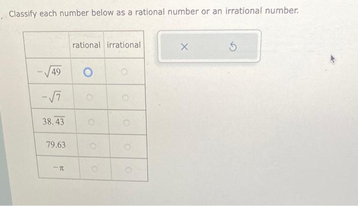 Classify each number below as a rational number or an irrational number.