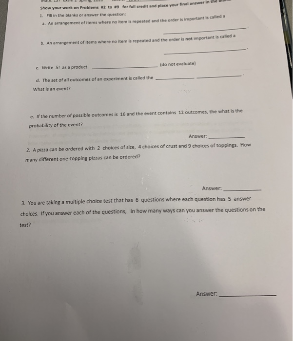 Solved Show your work on Problems #2 to #9 for full credit | Chegg.com