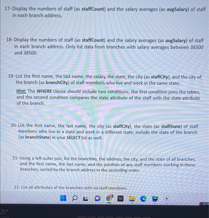Solved 17-Display the numbers of staff (as staffCount) and | Chegg.com