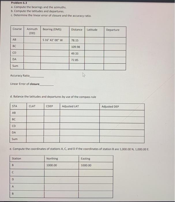 Problem 6.3 a. Compute the bearings and the azimuths.