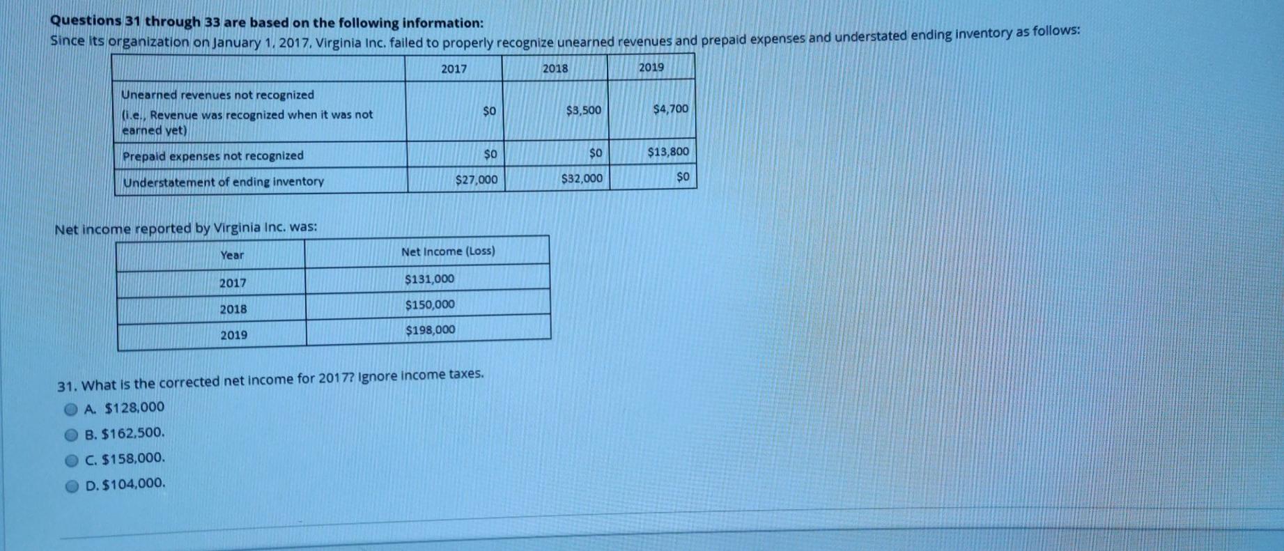 Solved Questions 31 through 33 are based on the following | Chegg.com