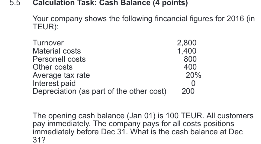Solved 5.5 ﻿Calculation Task: Cash Balance (4 ﻿points)Your | Chegg.com