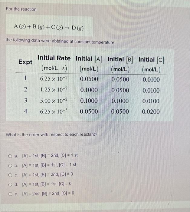 Solved For The Reaction A(g)+B(g)+C(g)→D(g) The Following | Chegg.com