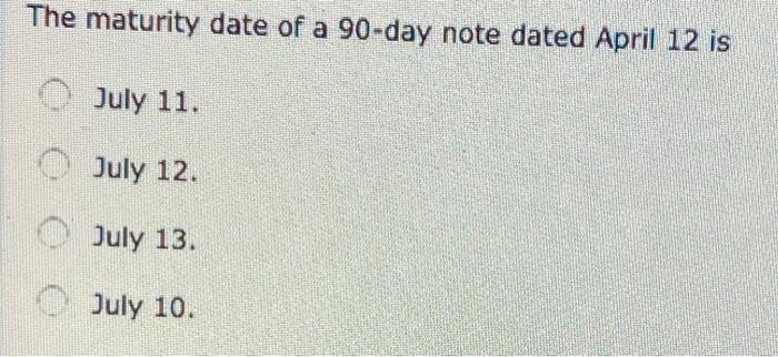 Solved The maturity date of a 90-day note dated April 12 is | Chegg.com