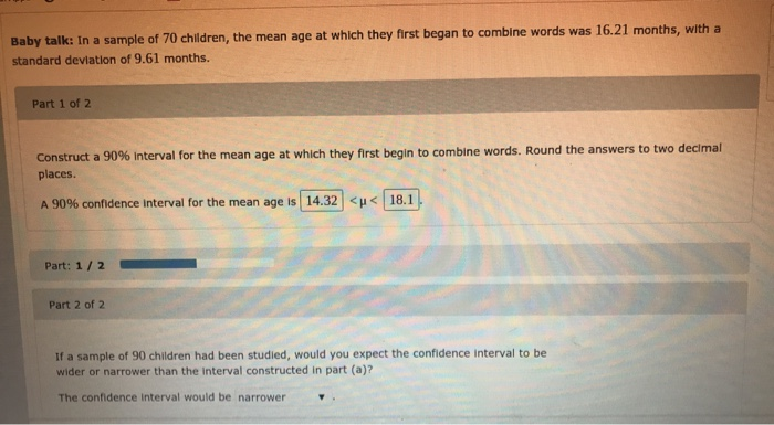 Solved Baby talk: In a sample of 70 children, the mean age | Chegg.com