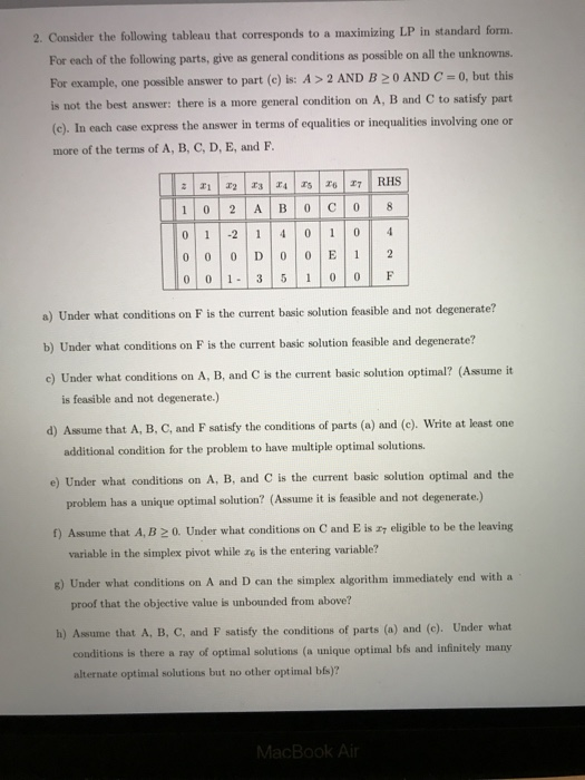 Solved 2. Consider the following tableau that corresponds to | Chegg.com