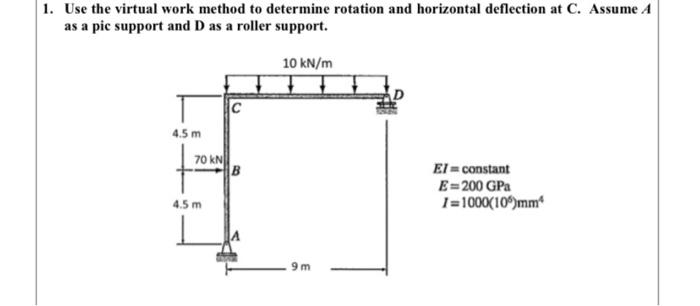 1. Use the virtual work method to determine rotation and horizontal deflection at \( \mathrm{C} \). Assume \( \boldsymbol{A} 