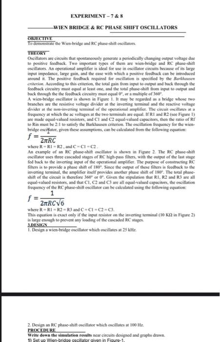 EXPERIMENT-7&8 WIEN BRIDGE & RC PHASE SHIFT | Chegg.com