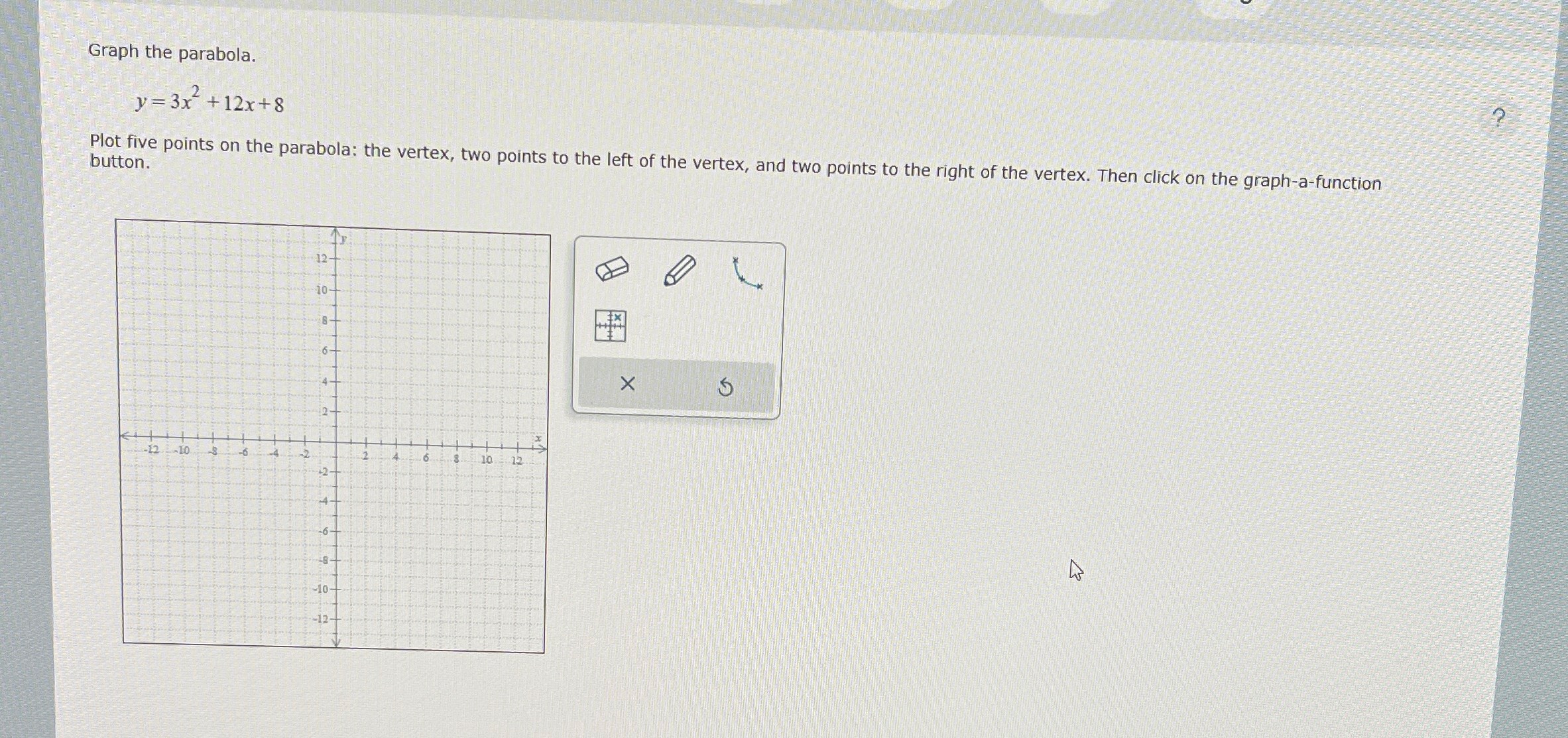 Solved Graph the parabola.y=3x2+12x+8Plot five points on the | Chegg.com