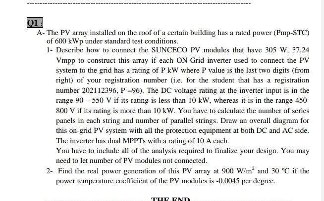 Solved 01: A- The PV array installed on the roof of a | Chegg.com