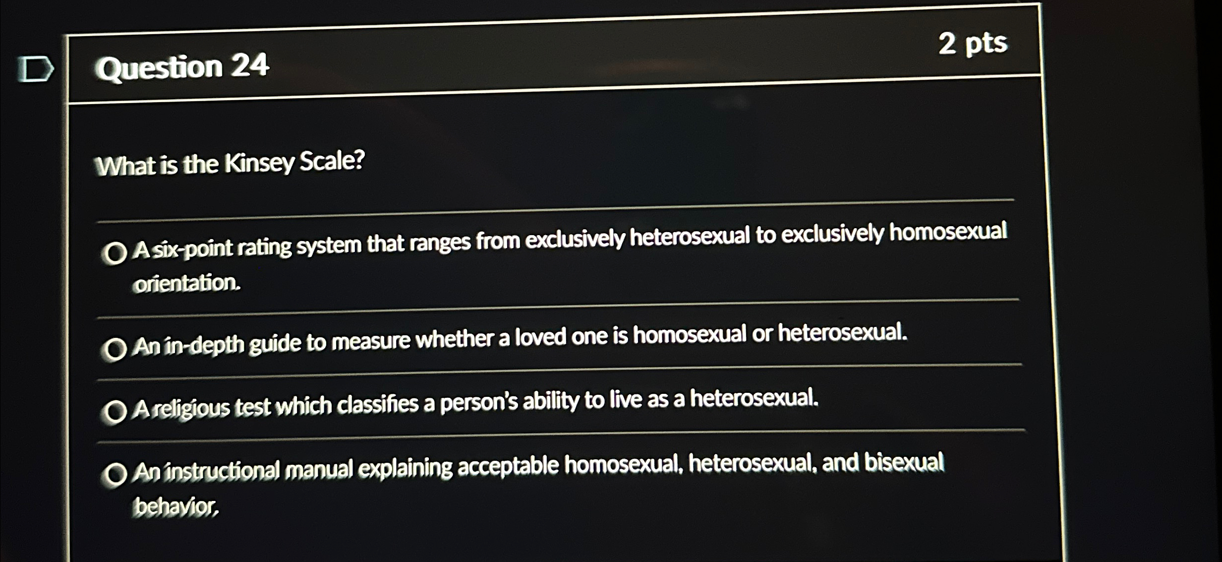 Solved Question 242 ﻿ptsWhat is the Kinsey Scale?A six-point | Chegg.com