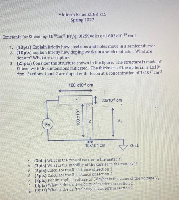 Solved Midterm Exam EEGR 215 Spring 2022 Constants for | Chegg.com