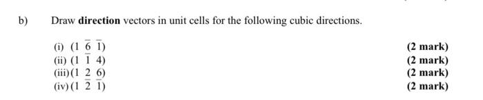 Solved b) Draw direction vectors in unit cells for the | Chegg.com