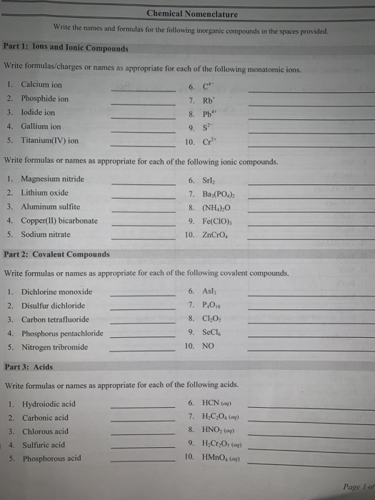 Solved Chemical Nomenclature Write the names and formulas | Chegg.com