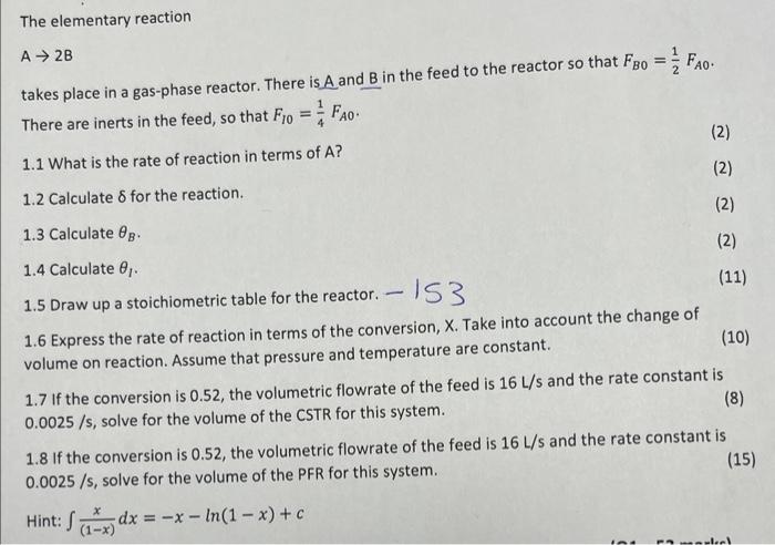Solved The elementary reaction A→2 B takes place in a | Chegg.com