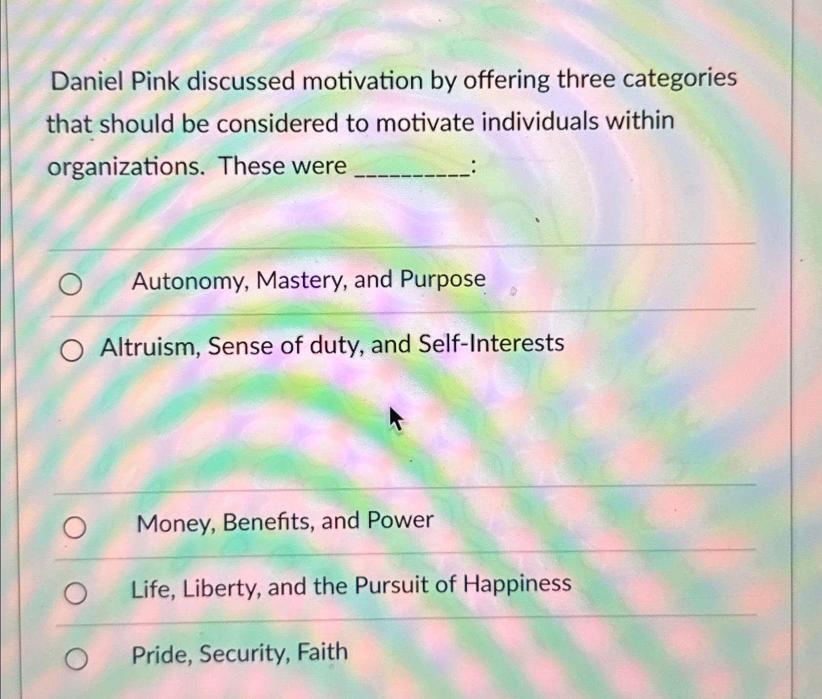 Solved Daniel Pink discussed motivation by offering three | Chegg.com