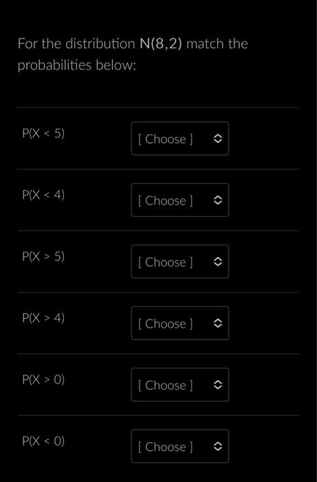 Solved For the distribution N(8,2) match the probabilities | Chegg.com