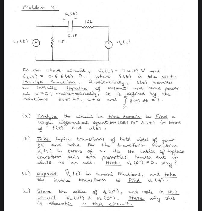 Solved Problem 4. In the above circuit, vs(t)=4u(t)V and | Chegg.com