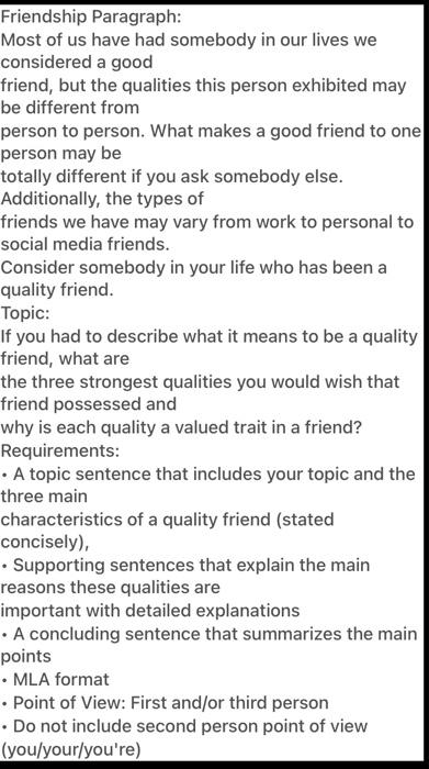Solved Friendship Paragraph: Most of us have had somebody in | Chegg.com