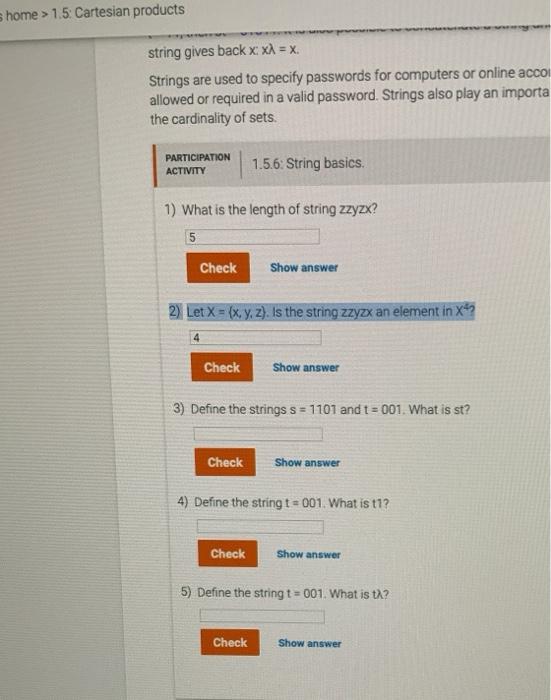 Solved home > 1.5: Cartesian products string gives back X: | Chegg.com