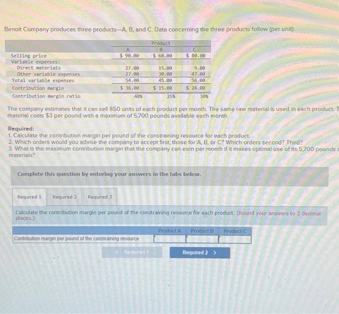 Solved Benoit Company Produces Three Products-A, B, And C. | Chegg.com