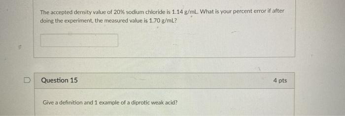 Solved The accepted density value of 20% sodium chloride is | Chegg.com