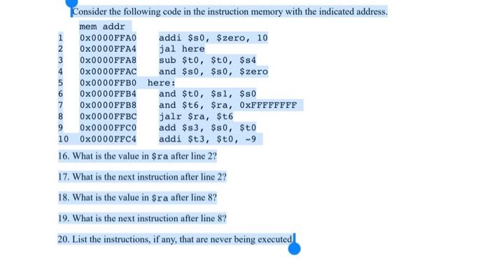 Solved Consider the following code in the instruction memory | Chegg.com