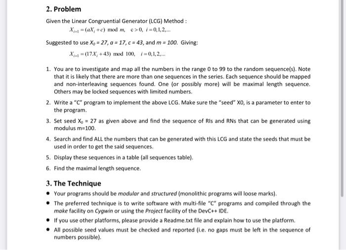 Solved 2. Problem Given The Linear Congruential Generator | Chegg.com