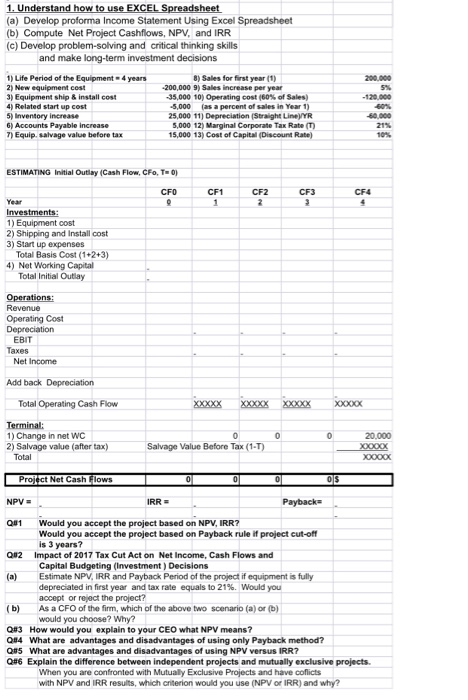 Solved 1. Understand how to use EXCEL Spreadsheet (a) | Chegg.com