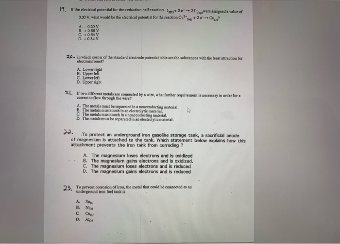 Solved 19. the electrical potential for the reduction | Chegg.com