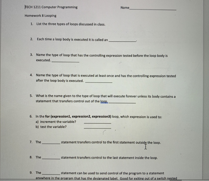 Solved TECH 1211 Computer Programming Name Homework 8 | Chegg.com