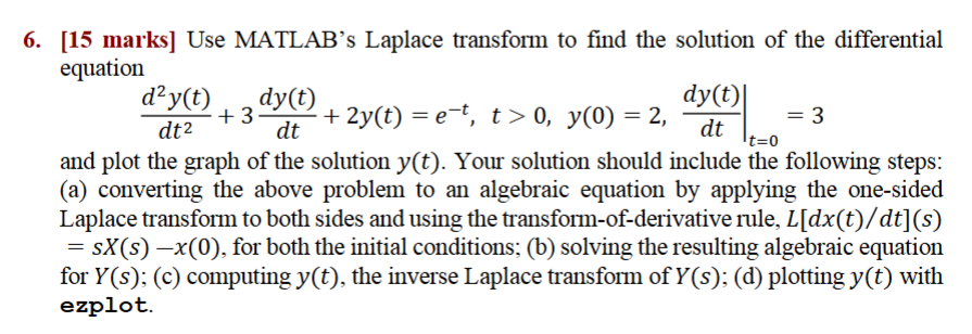 [15 ﻿marks] ﻿Use MATLAB's Laplace transform to ﻿find | Chegg.com