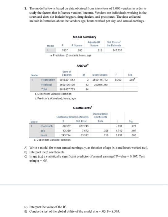 Solved 3. The model below is based on data obtained from | Chegg.com