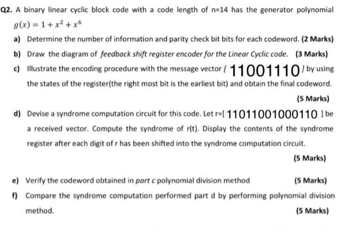 Q2. A binary linear cyclic block code with a code | Chegg.com