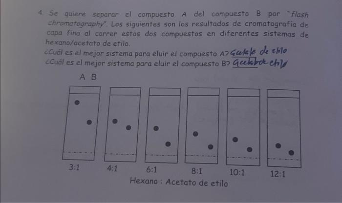 4. Se quiere separar el compuesto A del compuesto B por Flash chromatography: Los siguientes son los resultados de cromatogr