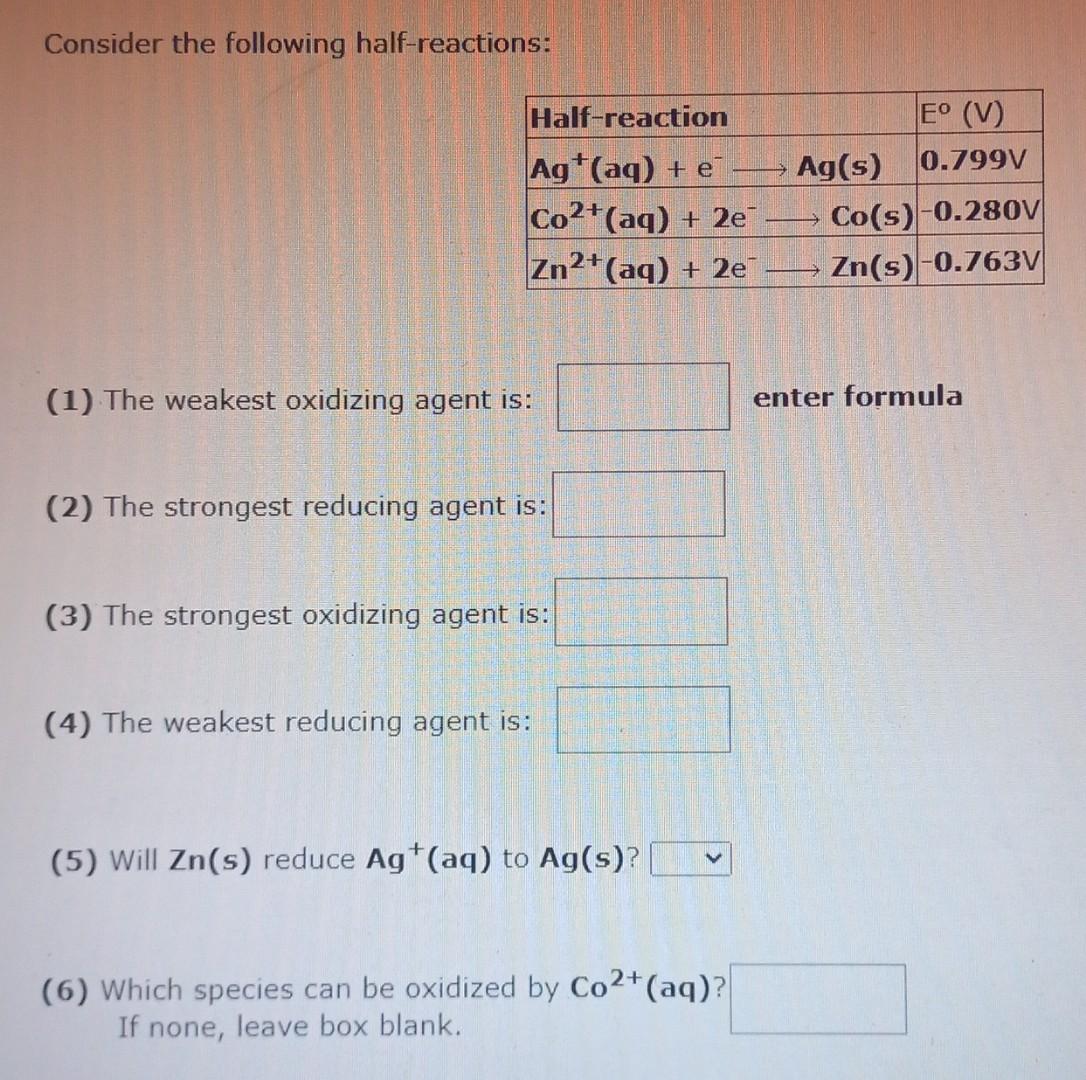 Solved Consider the following half-reactions: (1) The | Chegg.com