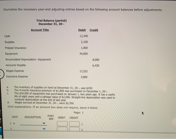 Journalize The Necessary Year End Adjusting Entries Chegg Com