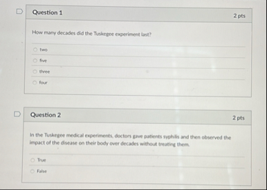Solved Question 12 ﻿ptsHow many decades did the Tuskegee | Chegg.com